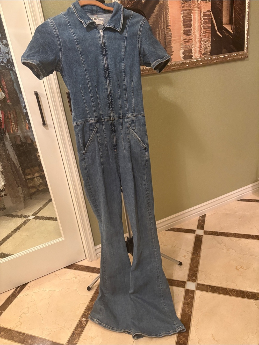 Free People We The Free Jayde Flare Denim Jumpsuit - Blue - Size Small